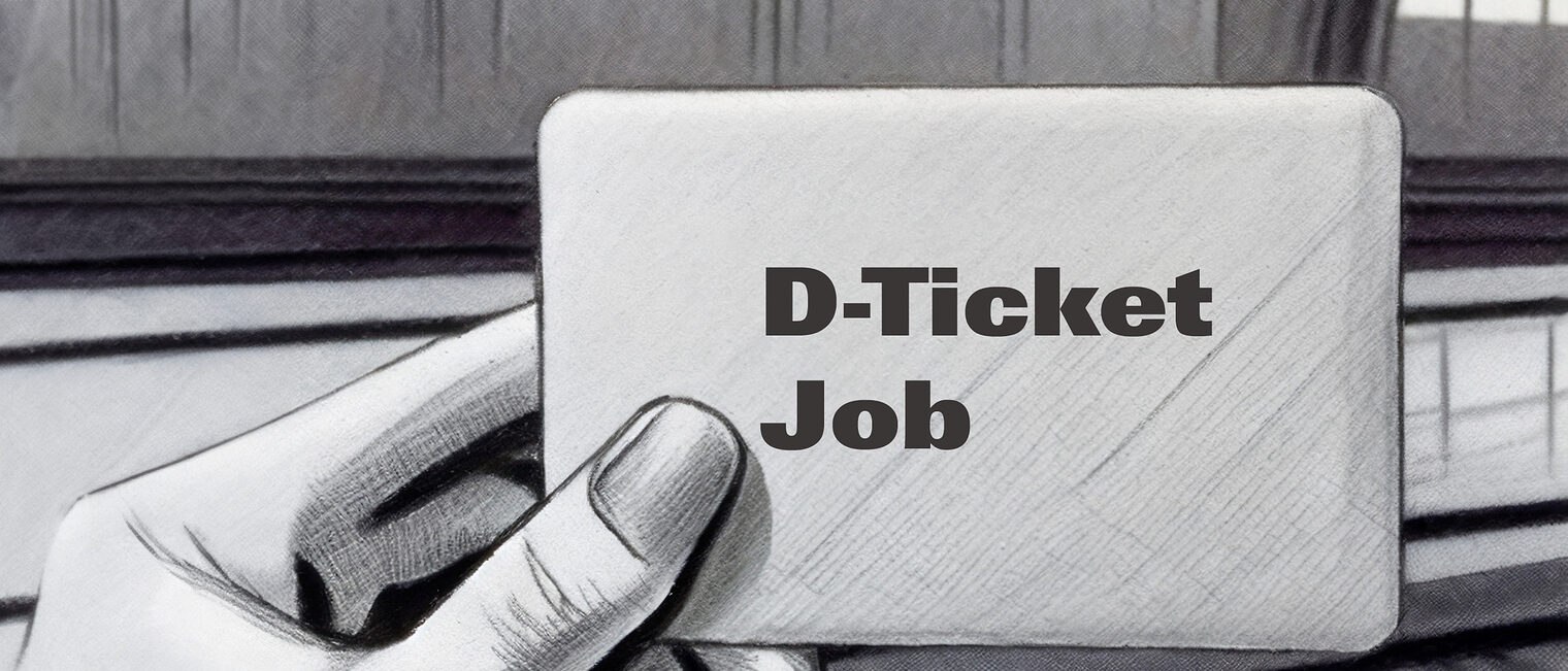Eine Hand, die eine weiße Plastikkarte in der Größe einer Kreditkarte hochhält, auf der steht "D-Ticket Job" steht.