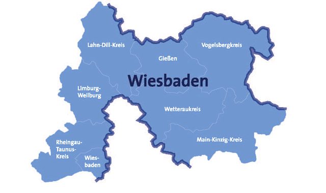 Karte mit Landkreisen von Mittelhessen: Wiesbaden, Rheingau-Taunus-Kreis, Limburg-Weilburg, Lahn-Dill-Kreis, Gießen, Vogelsberg-Kreis, Wetterau-Kreis, Main-Kinzig-Kreis