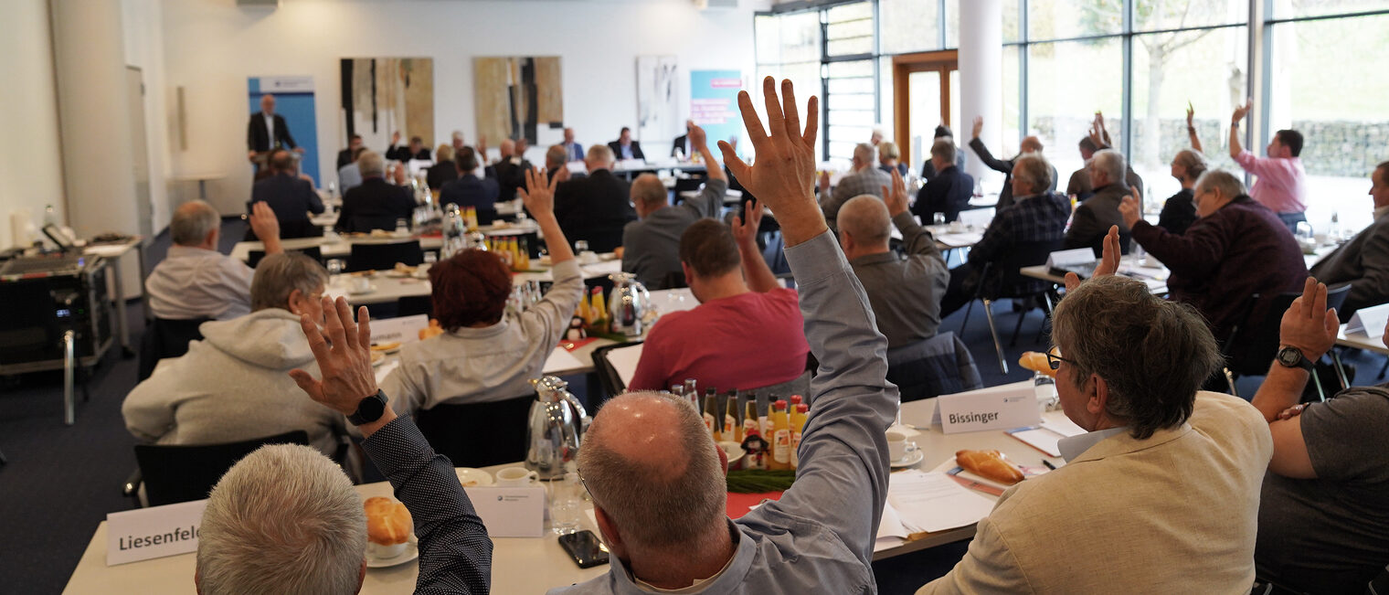 Eine von vielen Abstimmungen per Handzeichen durch die Vollversammlungsmitglieder an der 149. Vollversammlung der Handwerkskammer Wiesbaden im dortigen Meistersaal.