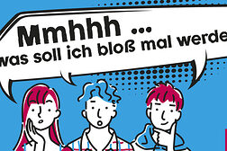 Profilzeichnung im Comic Stil von drei Jugendlichen nebeneinander, die über ihre Berufswahl grübeln.
