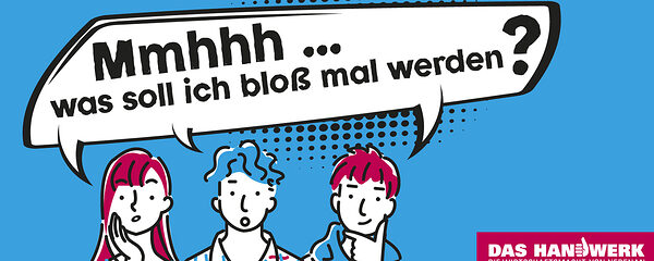 Profilzeichnung im Comic Stil von drei Jugendlichen nebeneinander, die über ihre Berufswahl grübeln.