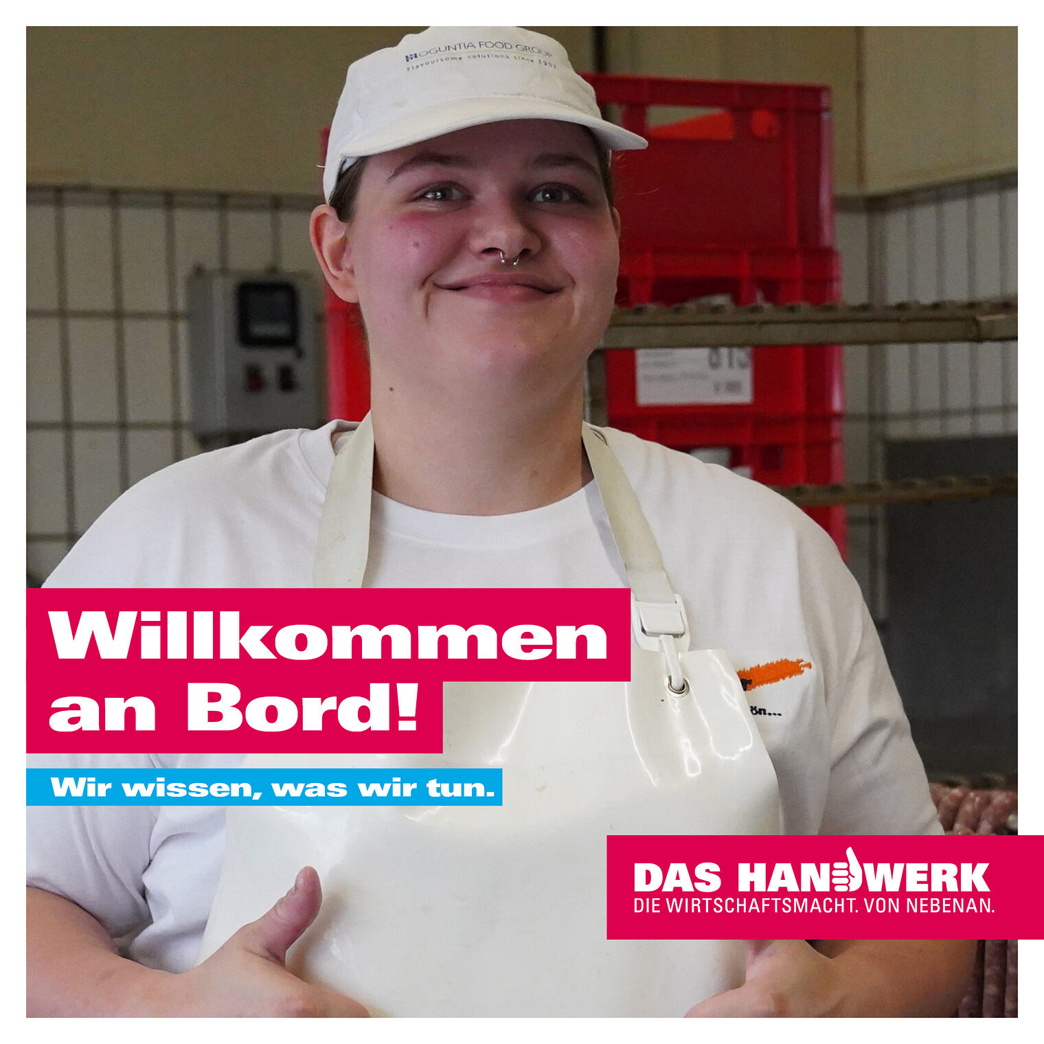 Auf dem Bild ist die angehende Fleischerin Georgina Violetta Martin aus Gießen auf einem Plakat der Imagekampagne des deutschen Handwerks zu sehen. 