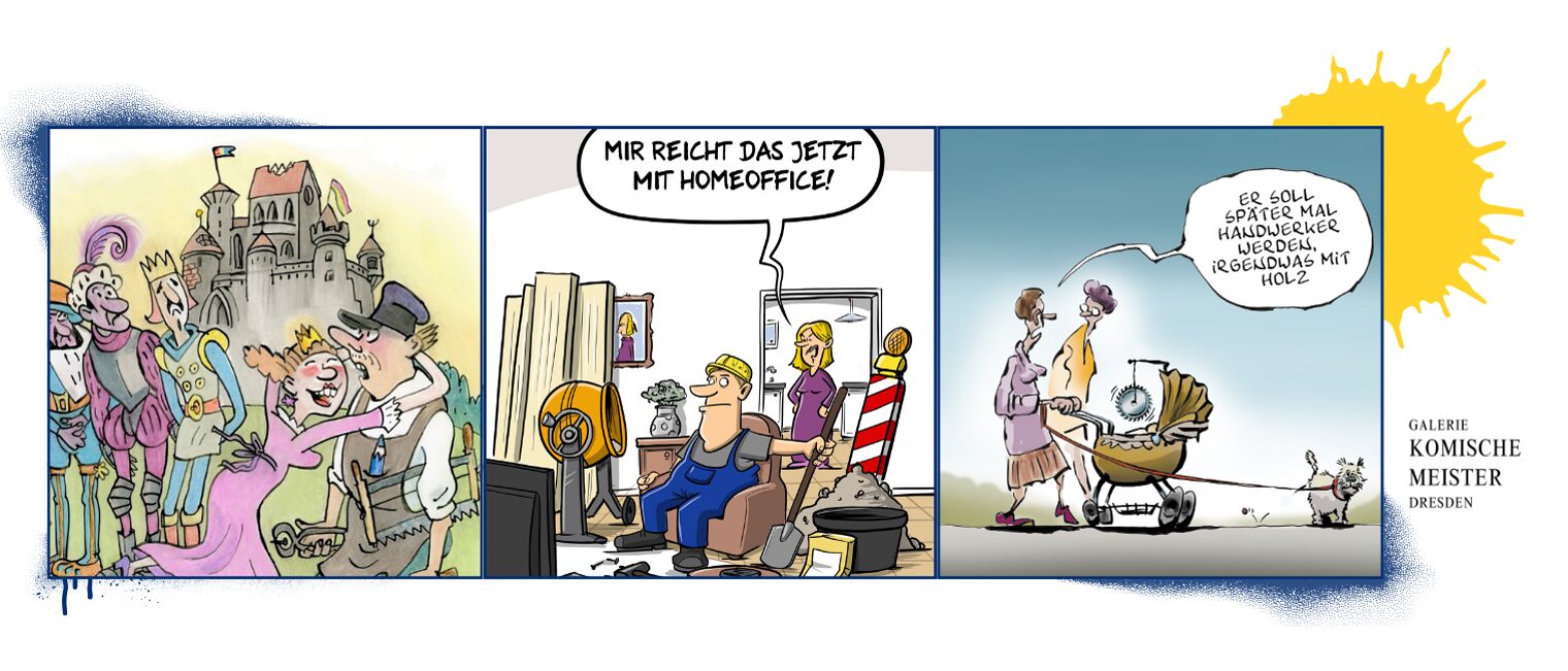 Werbung für die Karikaturenausstellung mit drei Beispielen der ausgestellten Darstellungen