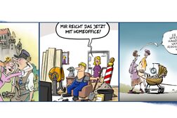 Werbung für die Karikaturenausstellung mit drei Beispielen der ausgestellten Darstellungen