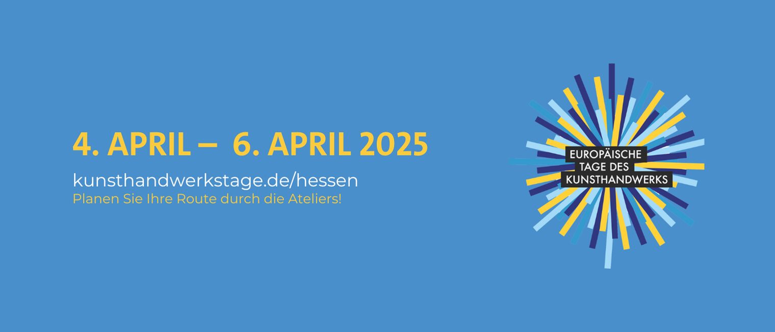 Auf einem blauen Hintergrund ist das Logo vom europäischen Tage des Kunsthandwerks zu sehen mit Terminangaben.