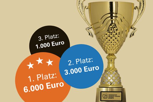 Bild zur Bewerbung des Hessischen Websiten Awards mit einem Pokal und den Preisgeldern von Platz eins bis drei.
