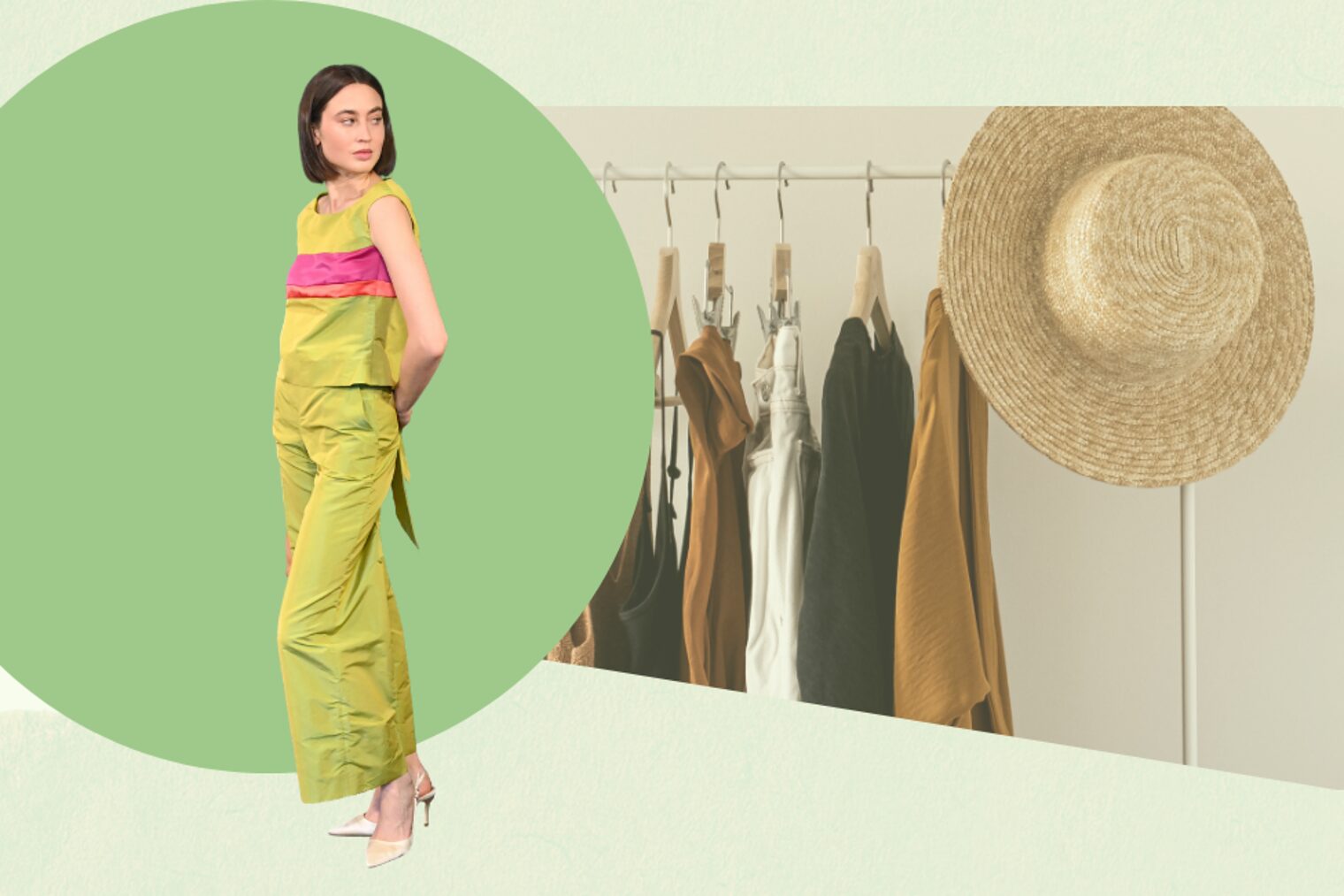 Bild der Einladung zur Modenschau, Model vor fiktivem Hintergrund. 