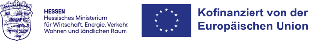 Logo des Hessischen Wirtschaftsministeriums und dem Logo Kofinanziert von der Europäischen Union.